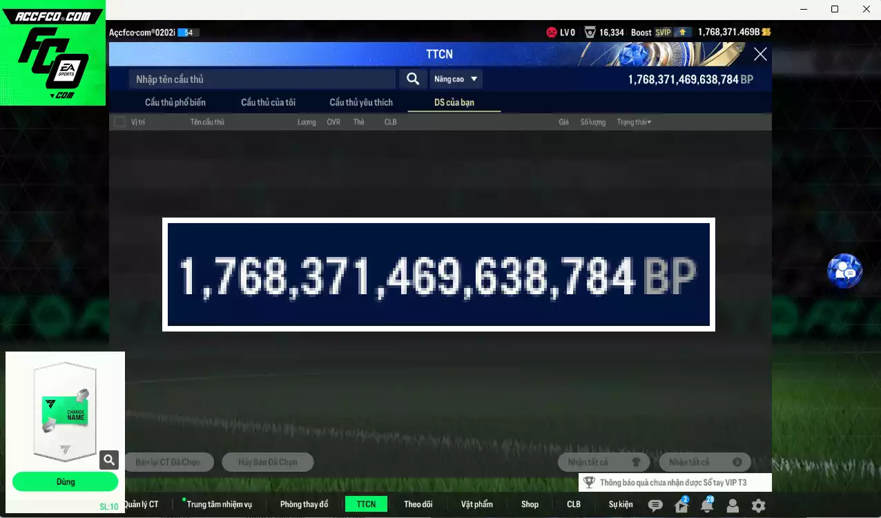 ACC 1768371b trắng, có thẻ đổi tên. Dư 190k TC