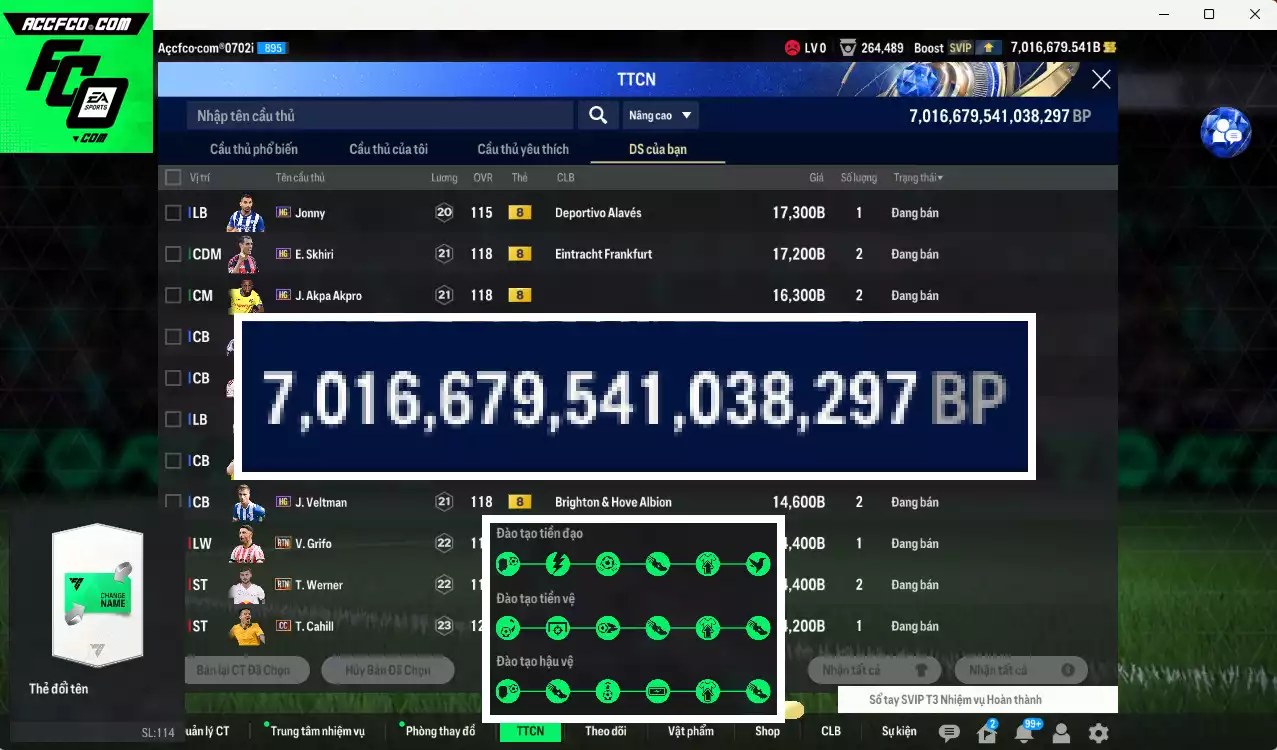 ACC 7016679b trắng, có thẻ đổi tên, full miniface. HLV Siêu Xịn, đã full đào tạo chiến thuật, dư 260k TC