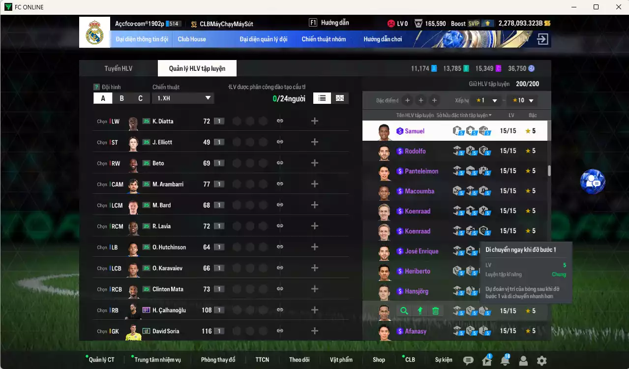 Ảnh ACC 2278093b trắng, có thẻ đổi tên, full miniface, còn CP GIẢM THUẾ. HLV Siêu Xịn, đã full đào tạo chiến thuật, dư 120k TC