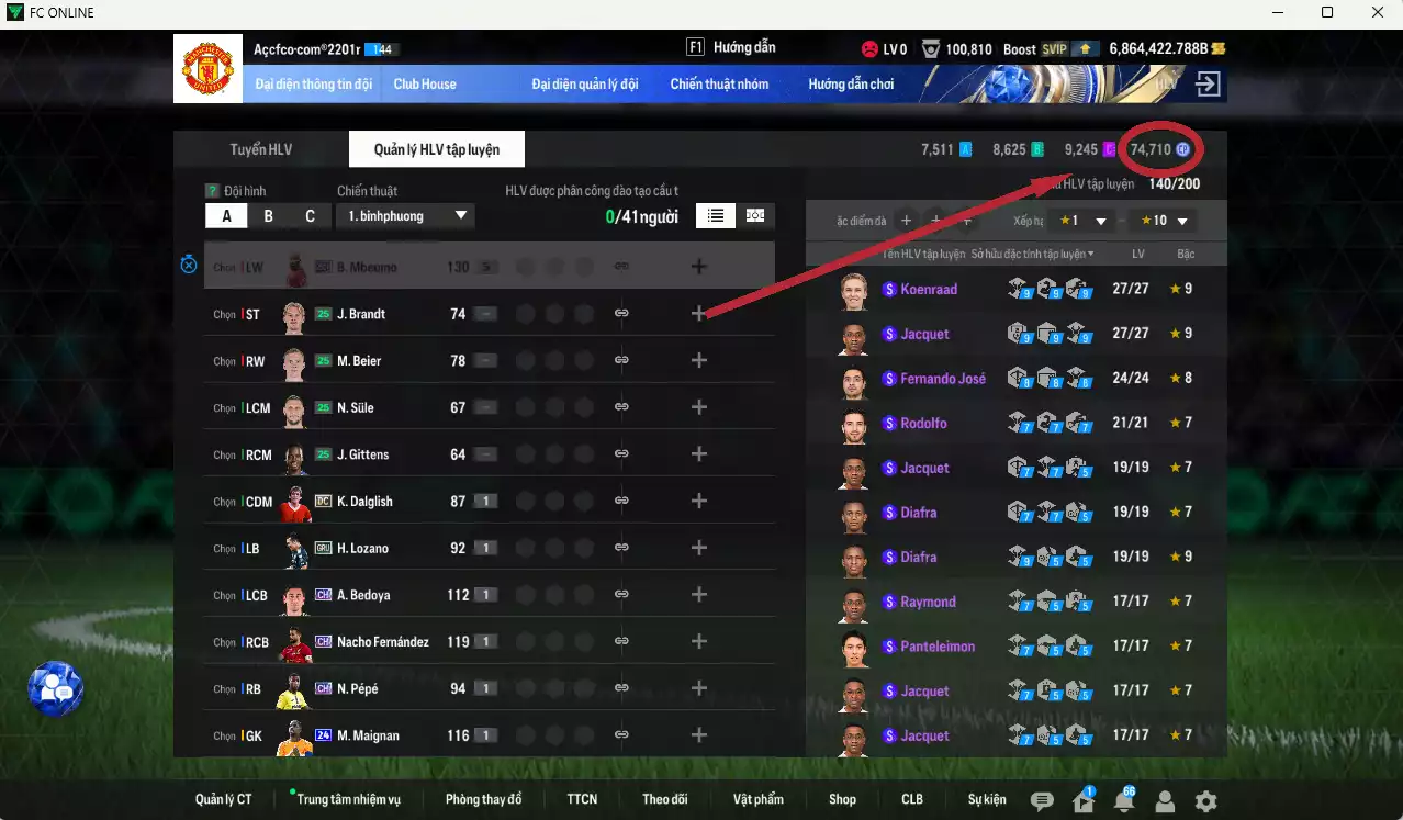 Ảnh ACC 6864422b trắng, có thẻ đổi tên, còn CP GIẢM THUẾ. HLV Xịn, gần full đào tạo chiến thuật, dư 220k TC