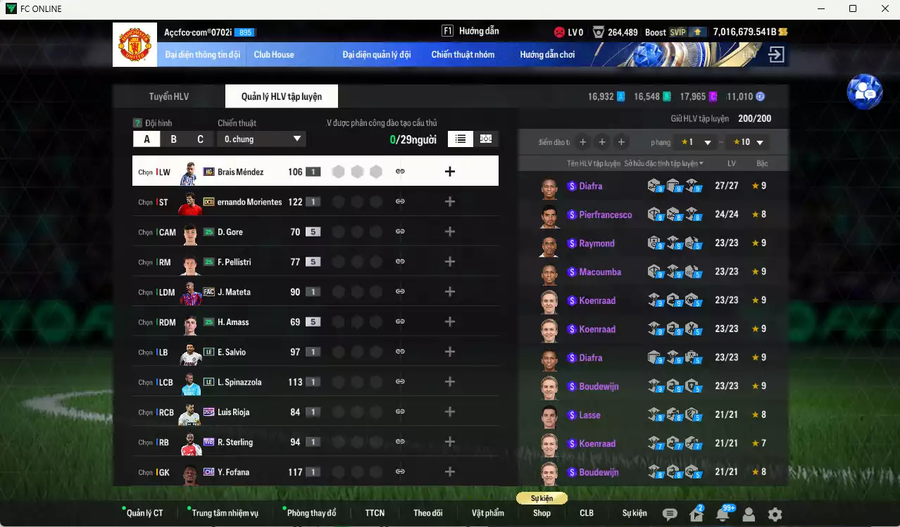 Ảnh ACC 7016679b trắng, có thẻ đổi tên, full miniface. HLV Siêu Xịn, đã full đào tạo chiến thuật, dư 260k TC
