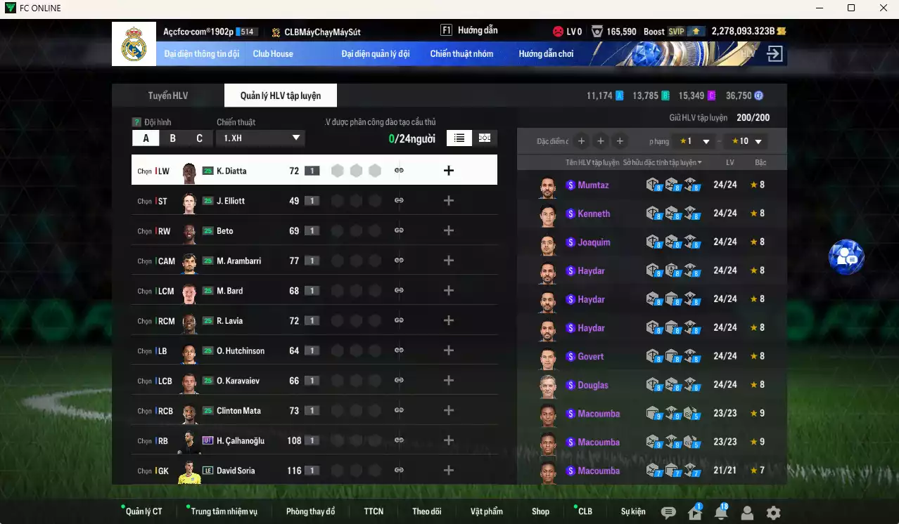 Ảnh ACC 2278093b trắng, có thẻ đổi tên, full miniface, còn CP GIẢM THUẾ. HLV Siêu Xịn, đã full đào tạo chiến thuật, dư 120k TC