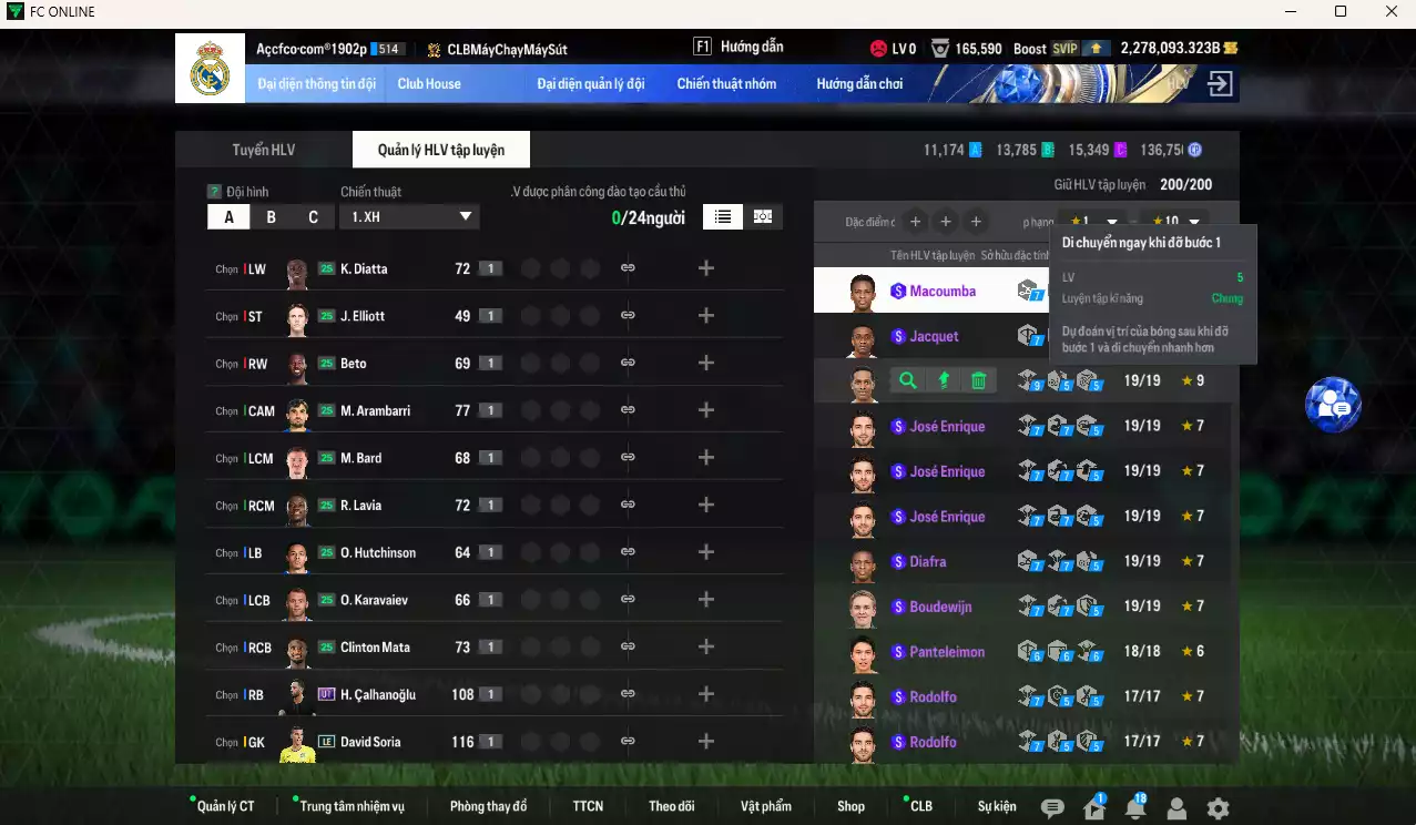 Ảnh ACC 2278093b trắng, có thẻ đổi tên, full miniface, còn CP GIẢM THUẾ. HLV Siêu Xịn, đã full đào tạo chiến thuật, dư 120k TC