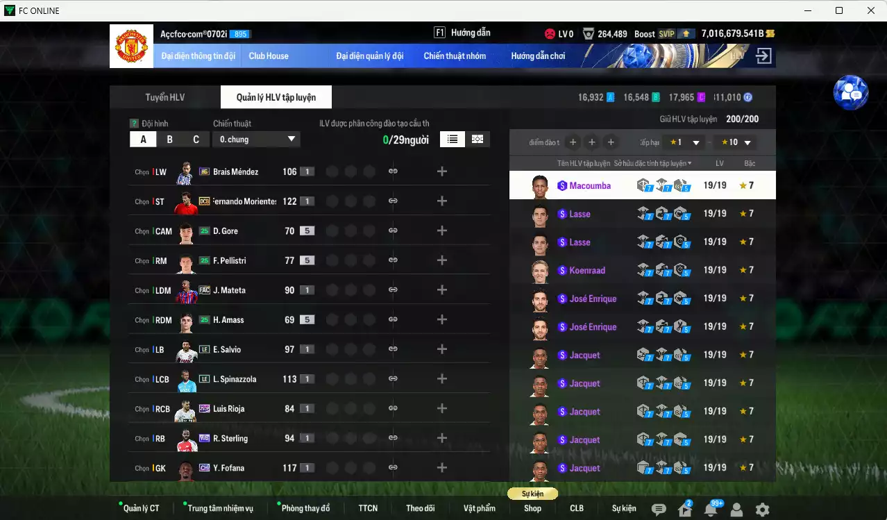 Ảnh ACC 7016679b trắng, có thẻ đổi tên, full miniface. HLV Siêu Xịn, đã full đào tạo chiến thuật, dư 260k TC