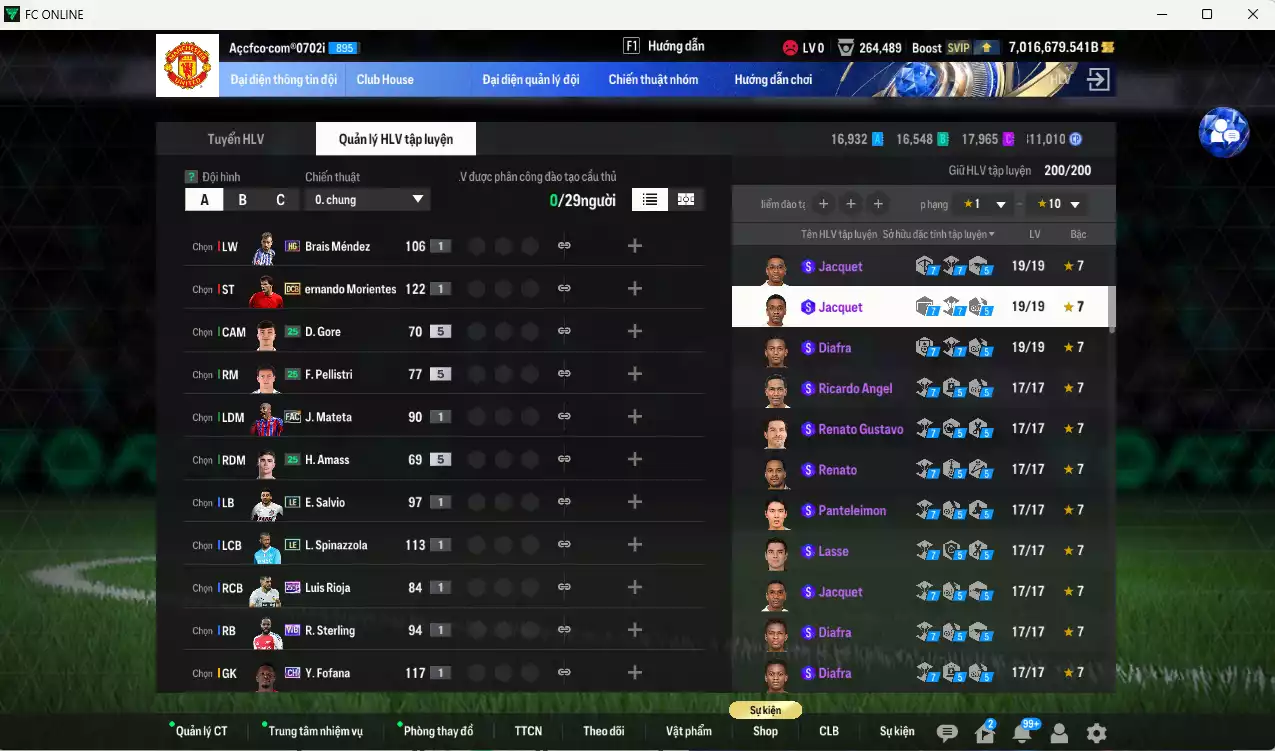 Ảnh ACC 7016679b trắng, có thẻ đổi tên, full miniface. HLV Siêu Xịn, đã full đào tạo chiến thuật, dư 260k TC
