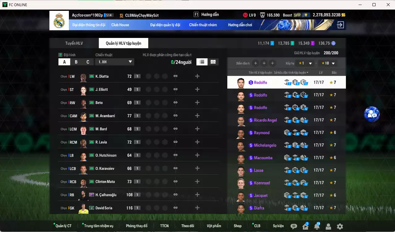 Ảnh ACC 2278093b trắng, có thẻ đổi tên, full miniface, còn CP GIẢM THUẾ. HLV Siêu Xịn, đã full đào tạo chiến thuật, dư 120k TC