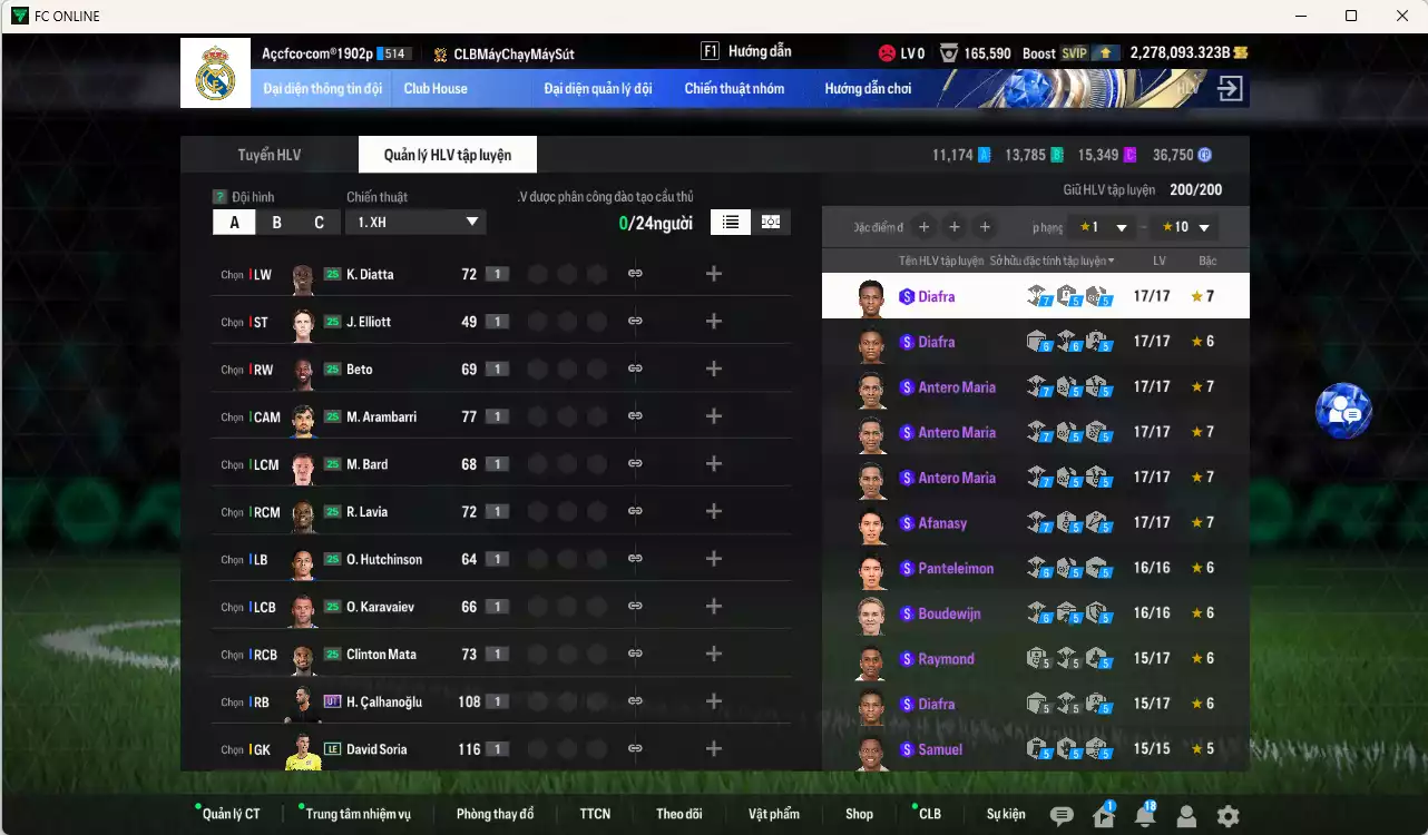 Ảnh ACC 2278093b trắng, có thẻ đổi tên, full miniface, còn CP GIẢM THUẾ. HLV Siêu Xịn, đã full đào tạo chiến thuật, dư 120k TC