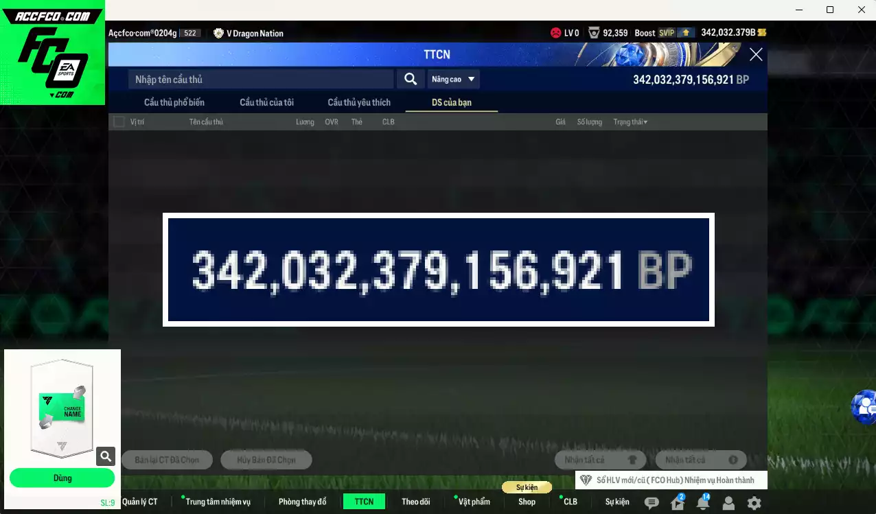 ACC 342032b trắng, có thẻ đổi tên, full miniface. HLV Xịn