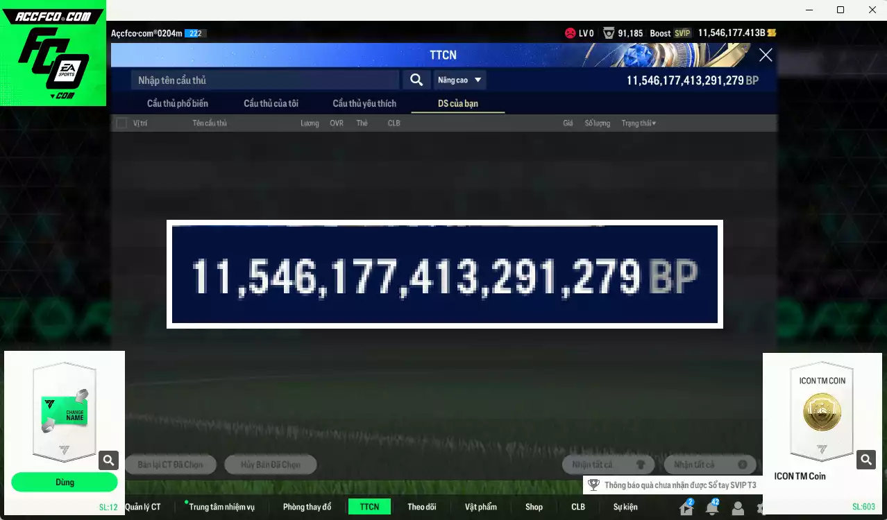 ACC 11.546.177b trắng, có thẻ đổi tên. HLV Xịn, gần full đào tạo chiến thuật, dư 170k TC
