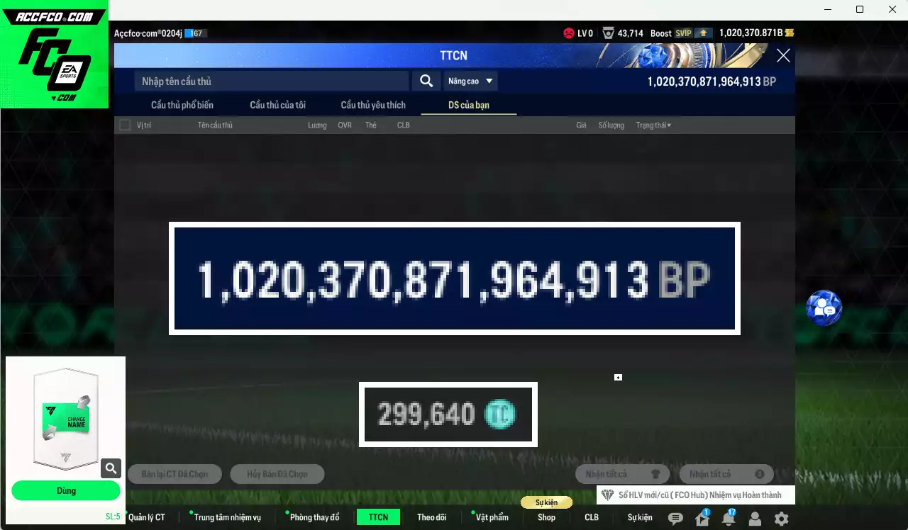 ACC 1020370b trắng, có thẻ đổi tên, full miniface, còn nhiều CP GIẢM THUẾ. HLV Xịn, dư 290k TC