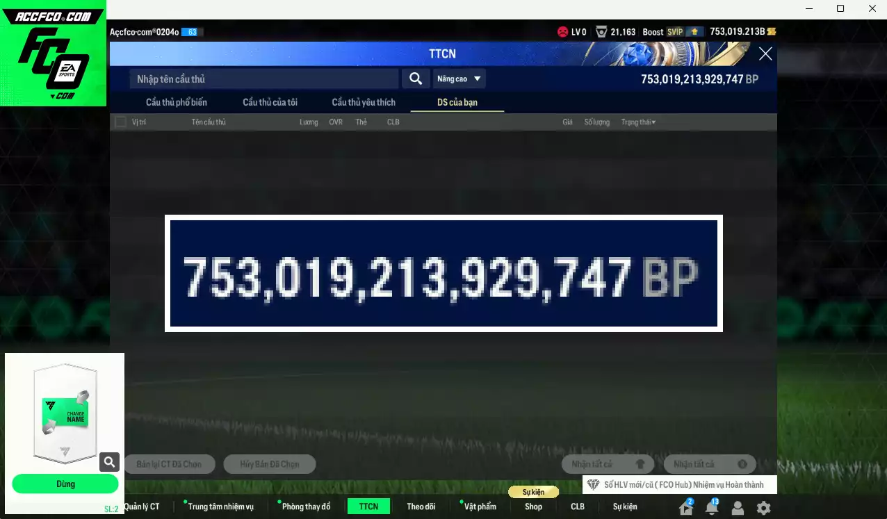 ACC 753019b trắng, có thẻ đổi tên. HLV tạm