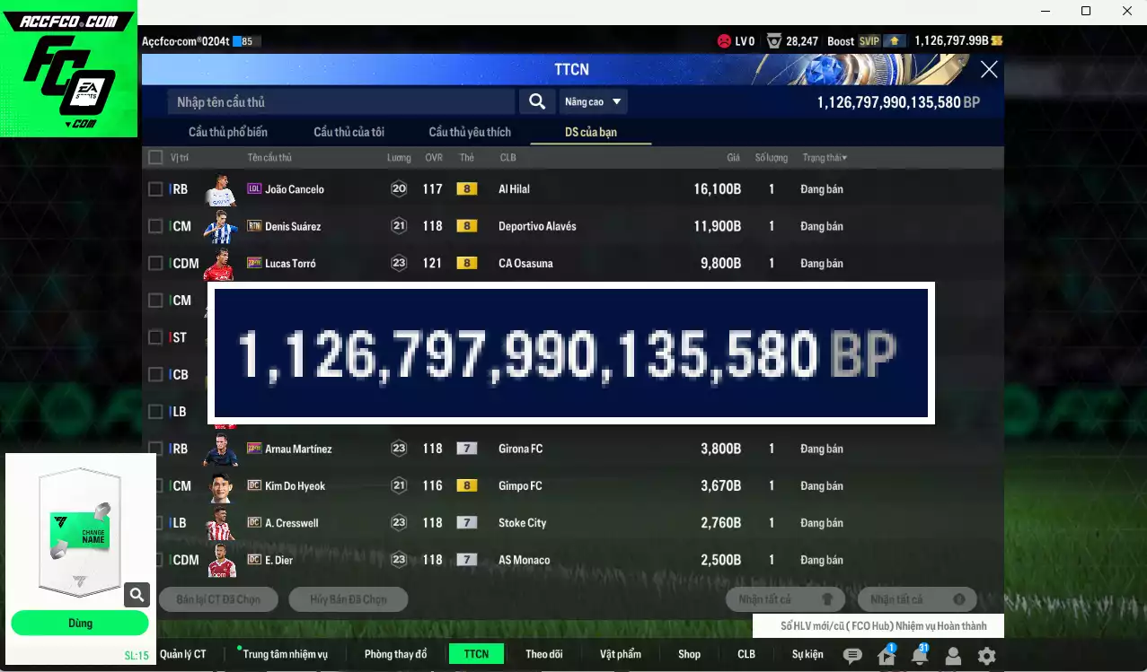 ACC 1126797b trắng, có thẻ đổi tên. Dư 210k TC