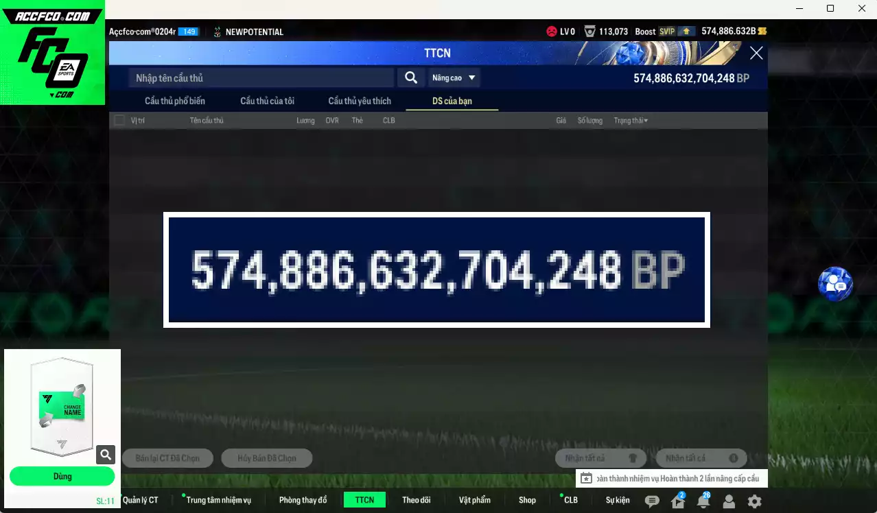 ACC 574886b trắng, có thẻ đổi tên, full miniface. HLV Xịn, dư 110k TC