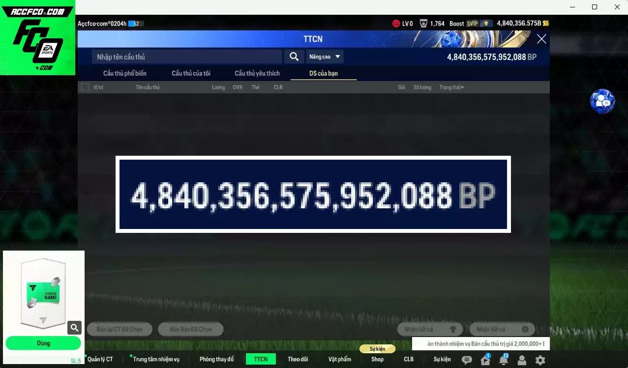 ACC 4840356b trắng, có thẻ đổi tên, full miniface. HLV Xịn