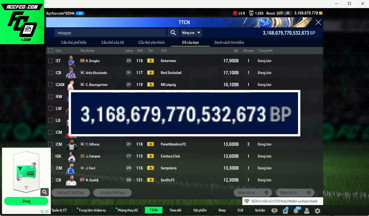 ACC 3168679b trắng, có thẻ đổi tên, còn CP GIẢM THUẾ. HLV Xịn