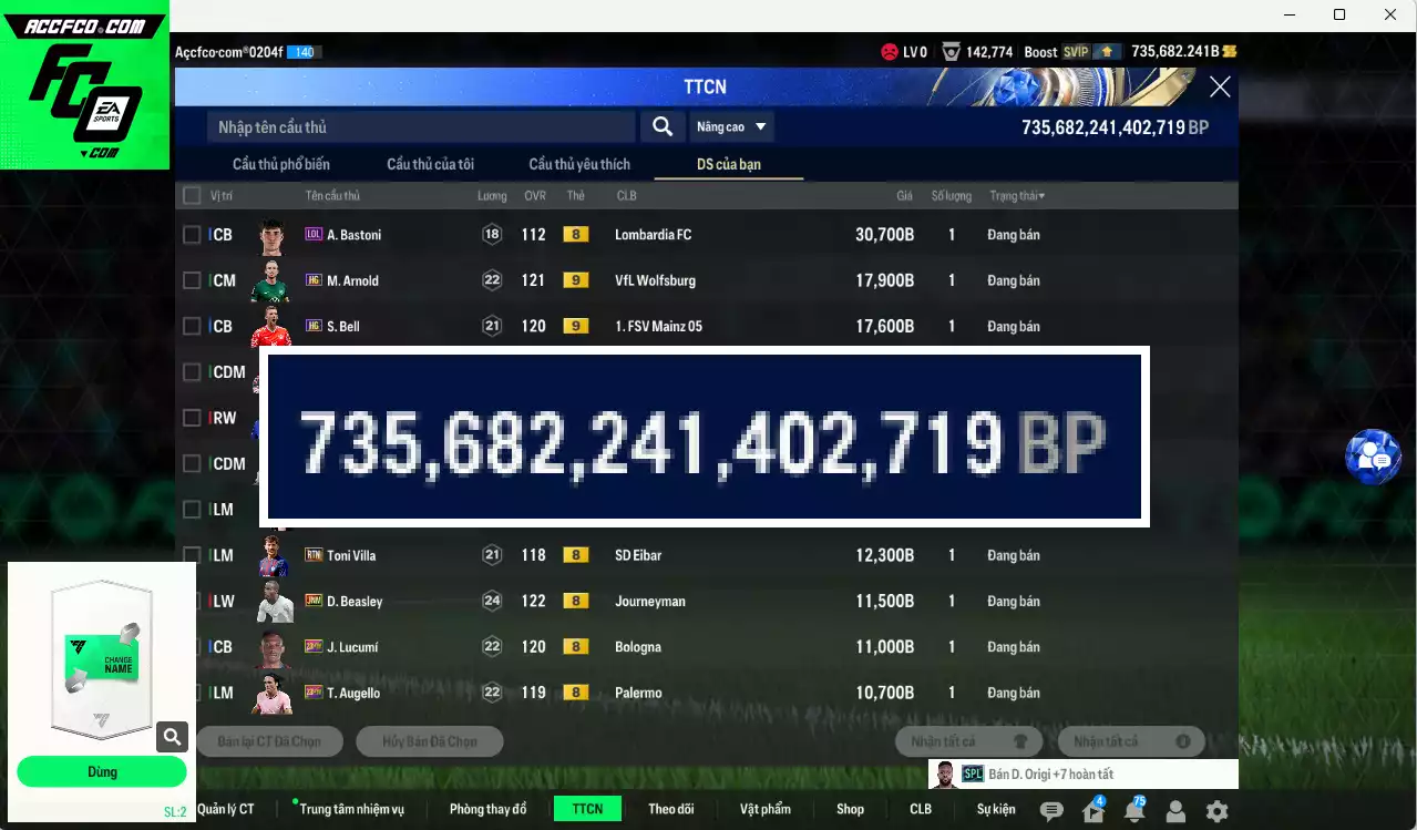 ACC 735682b trắng, có thẻ đổi tên. HLV Xịn