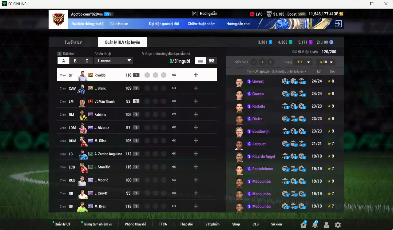 Ảnh ACC 11.546.177b trắng, có thẻ đổi tên. HLV Xịn, gần full đào tạo chiến thuật, dư 170k TC