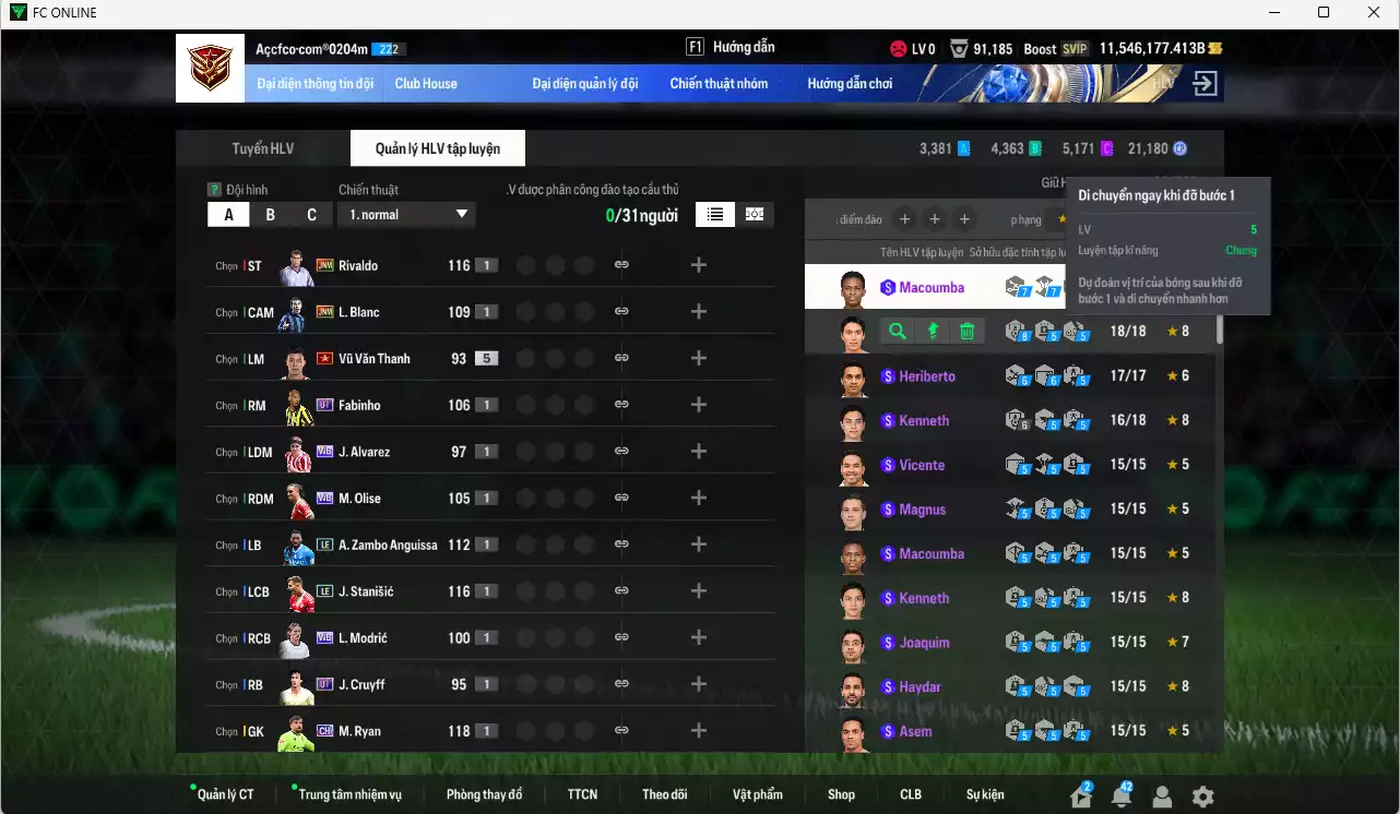 Ảnh ACC 11.546.177b trắng, có thẻ đổi tên. HLV Xịn, gần full đào tạo chiến thuật, dư 170k TC