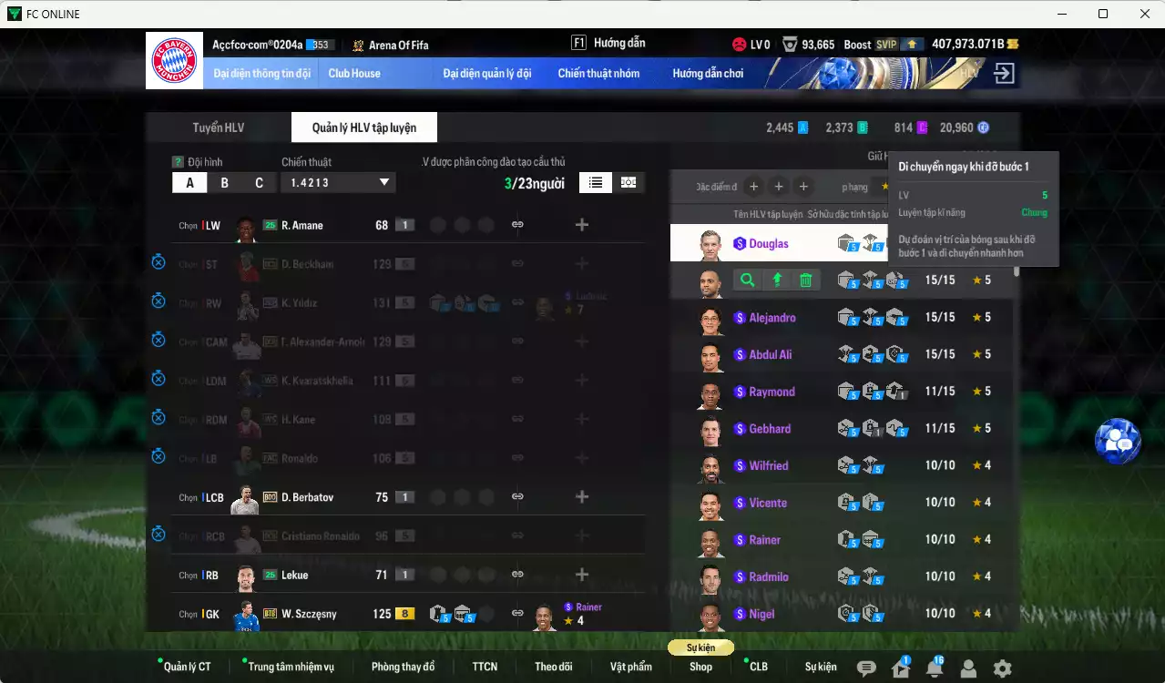 Ảnh ACC 407973b trắng, có thẻ đổi tên, full miniface. HLV Xịn, gần full đào tạo chiến thuật, dư 190k TC