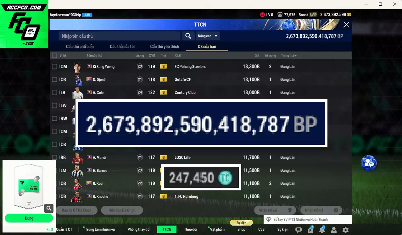 [Tặng 200FC] ACC 2673892b trắng, có thẻ đổi tên, full miniface, còn CP GIẢM THUẾ. HLV Xịn, dư 240k TC