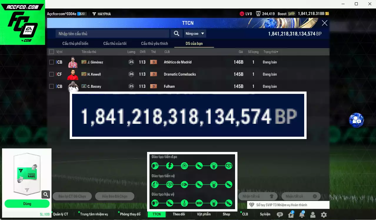 ACC 1841218b trắng, có thẻ đổi tên, full miniface. HLV Siêu Xịn, đã full đào tạo chiến thuật, dư 140k TC