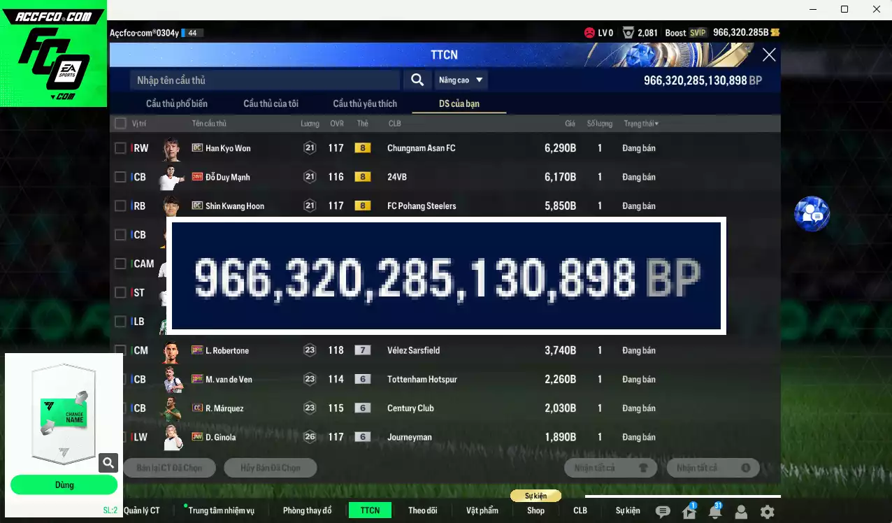 ACC 966320b trắng, có thẻ đổi tên. HLV Xịn