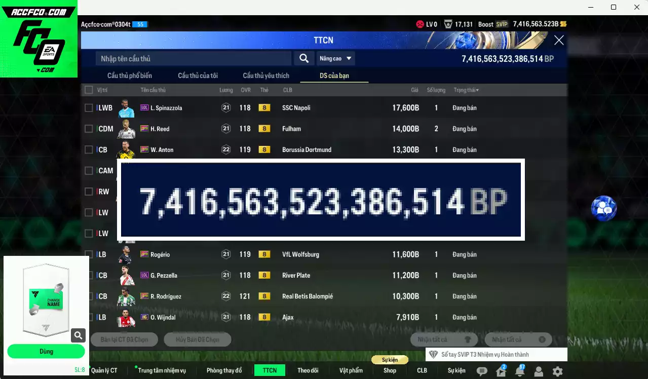 [Tặng 400FC] ACC 7416563b trắng, có thẻ đổi tên, còn CP GIẢM THUẾ. HLV Xịn, dư 100k TC