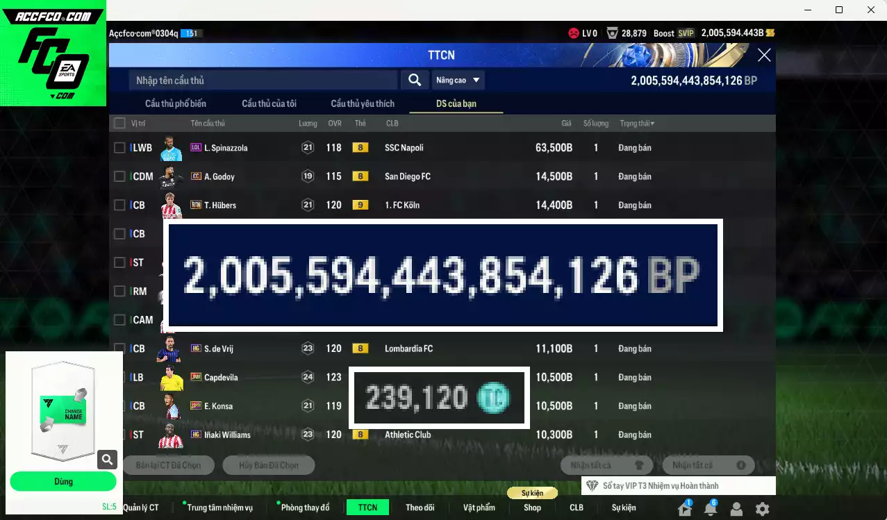 ACC 2005594b trắng, có thẻ đổi tên, full miniface, còn CP GIẢM THUẾ. HLV Xịn, dư 230k TC