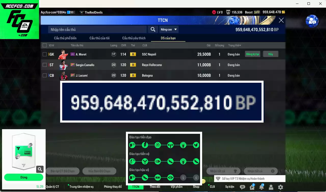 ACC 959648b trắng, có thẻ đổi tên, full miniface, còn nhiều CP GIẢM THUẾ. HLV Xịn, gần full đào tạo chiến thuật