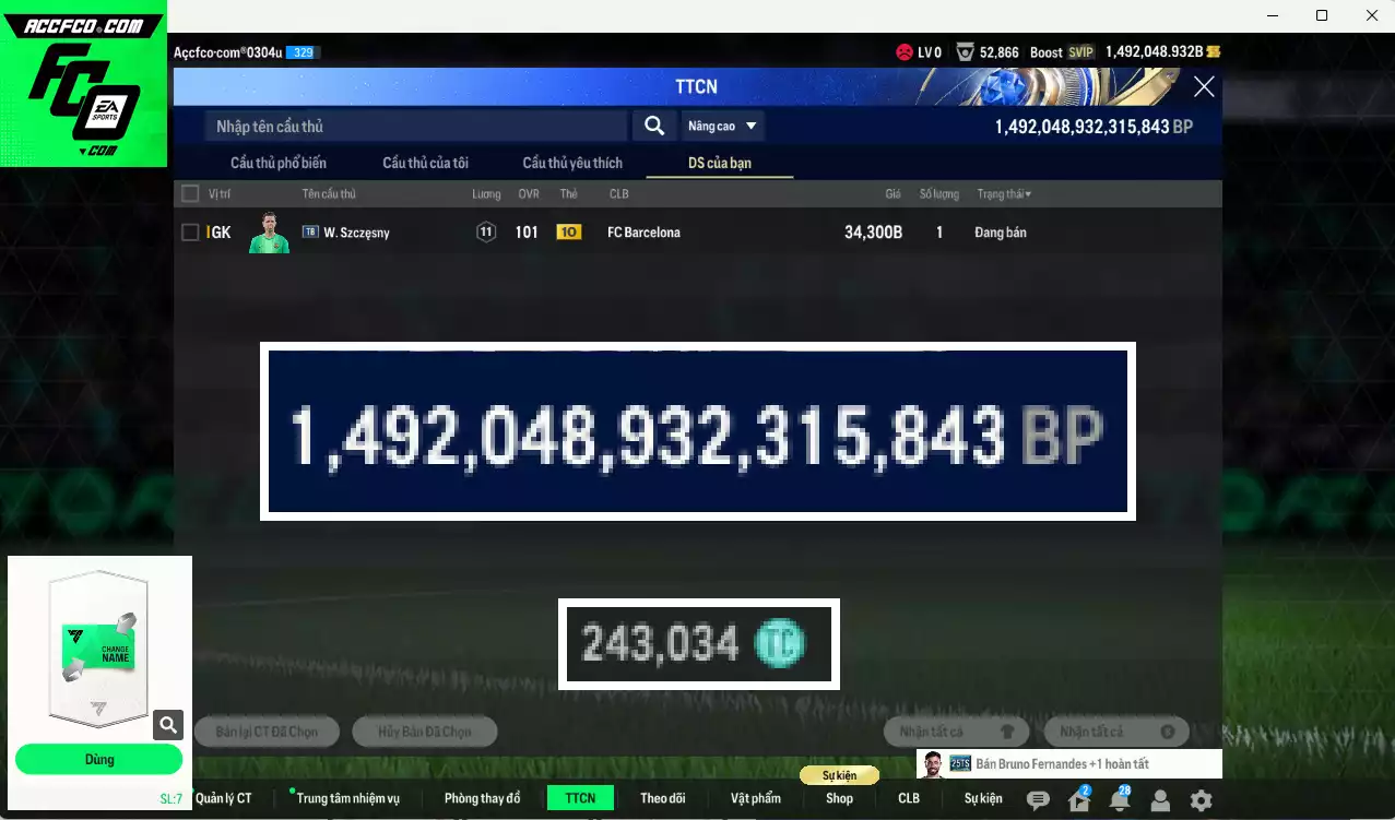 ACC 1492048b trắng, có thẻ đổi tên, full miniface, còn CP GIẢM THUẾ. HLV Xịn, dư 240k TC