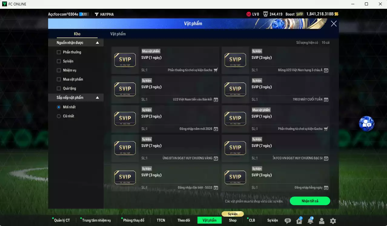 Ảnh ACC 1841218b trắng, có thẻ đổi tên, full miniface. HLV Siêu Xịn, đã full đào tạo chiến thuật, dư 140k TC
