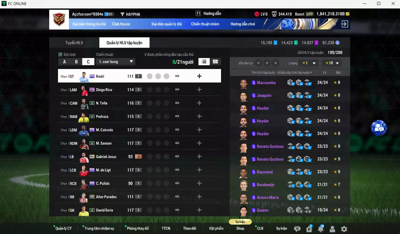 Ảnh ACC 1841218b trắng, có thẻ đổi tên, full miniface. HLV Siêu Xịn, đã full đào tạo chiến thuật, dư 140k TC