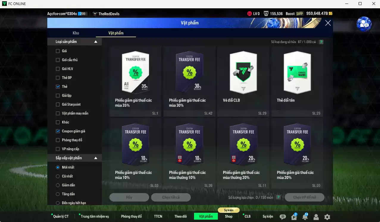 Ảnh ACC 959648b trắng, có thẻ đổi tên, full miniface, còn nhiều CP GIẢM THUẾ. HLV Xịn, gần full đào tạo chiến thuật