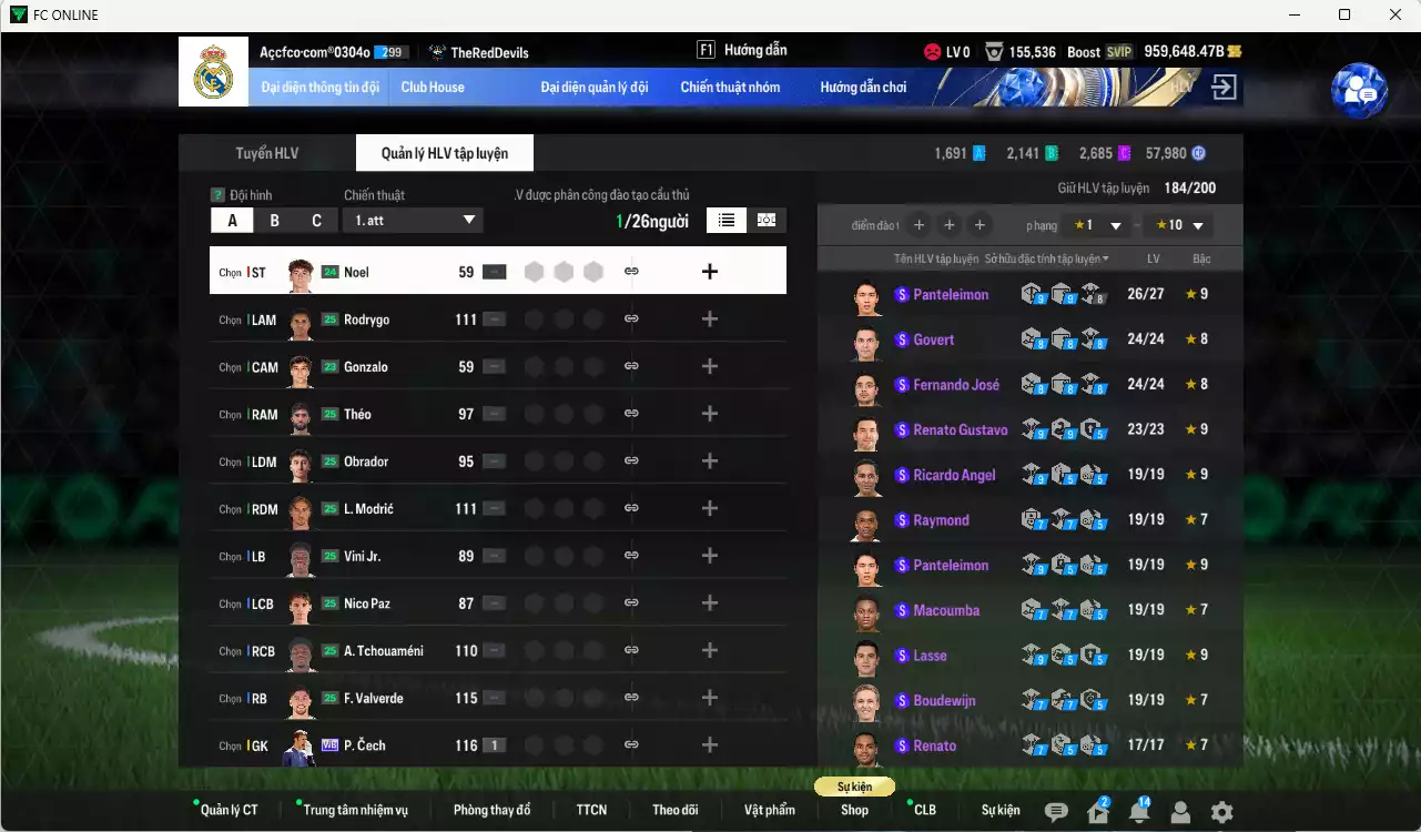 Ảnh ACC 959648b trắng, có thẻ đổi tên, full miniface, còn nhiều CP GIẢM THUẾ. HLV Xịn, gần full đào tạo chiến thuật