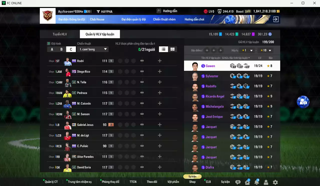 Ảnh ACC 1841218b trắng, có thẻ đổi tên, full miniface. HLV Siêu Xịn, đã full đào tạo chiến thuật, dư 140k TC