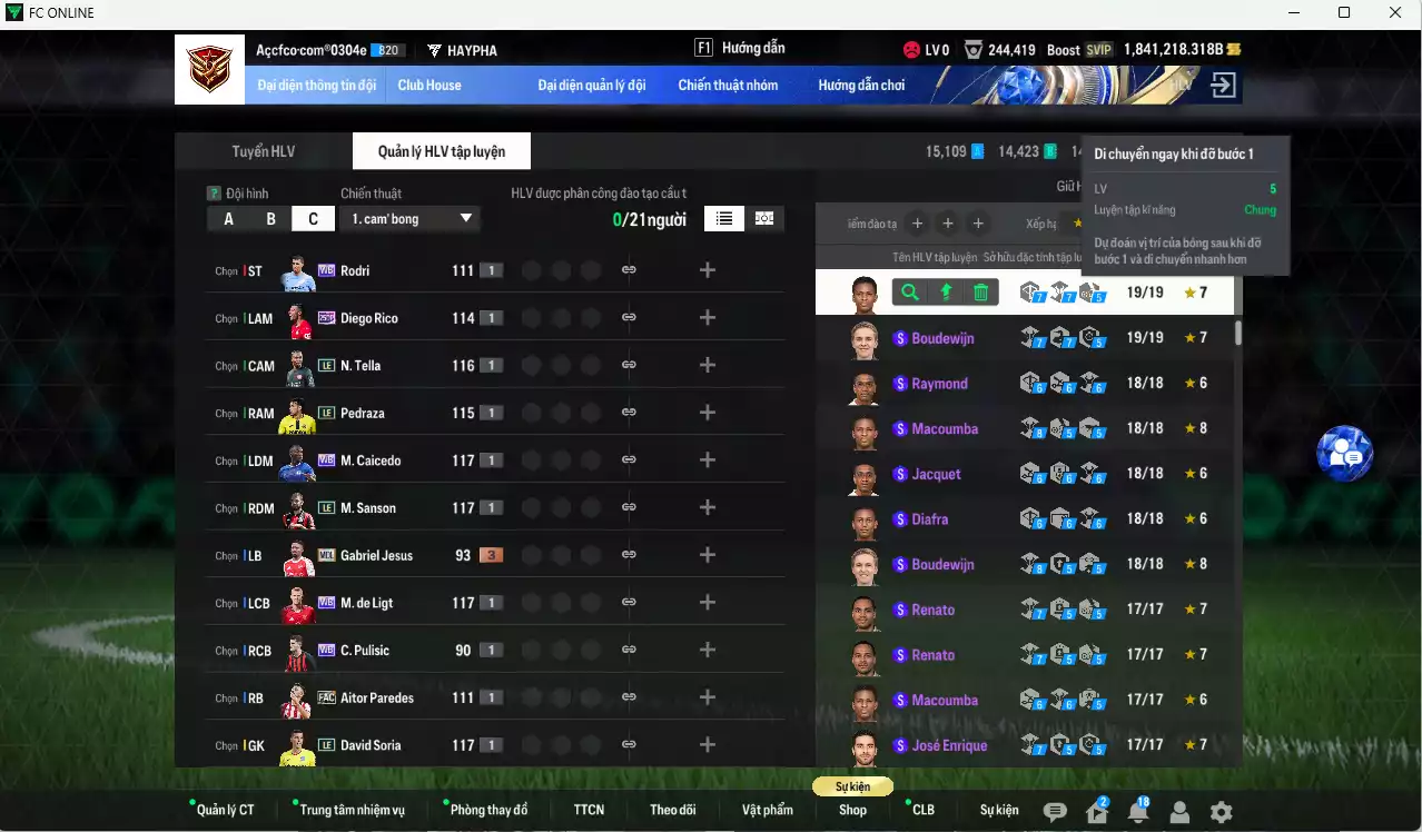 Ảnh ACC 1841218b trắng, có thẻ đổi tên, full miniface. HLV Siêu Xịn, đã full đào tạo chiến thuật, dư 140k TC