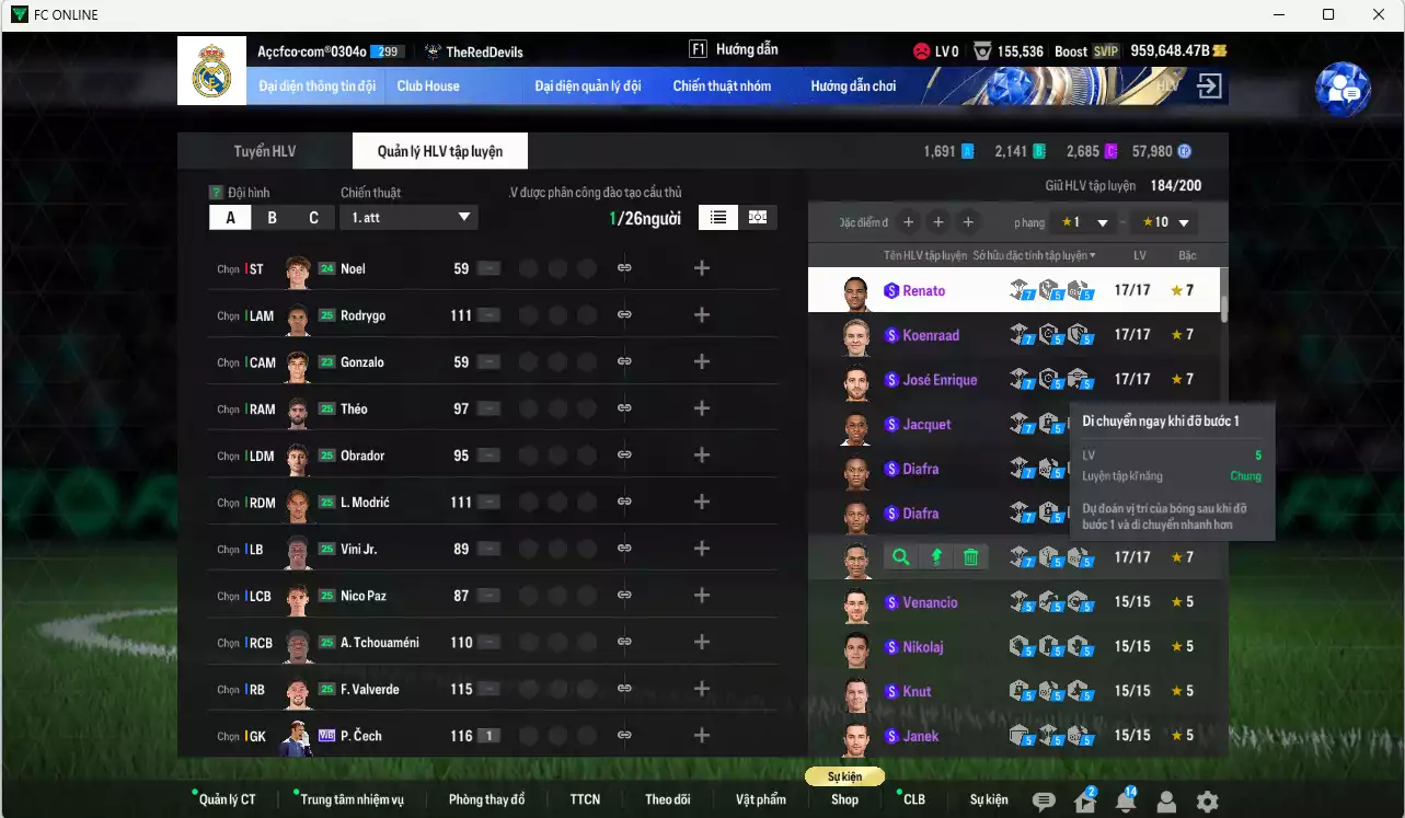 Ảnh ACC 959648b trắng, có thẻ đổi tên, full miniface, còn nhiều CP GIẢM THUẾ. HLV Xịn, gần full đào tạo chiến thuật