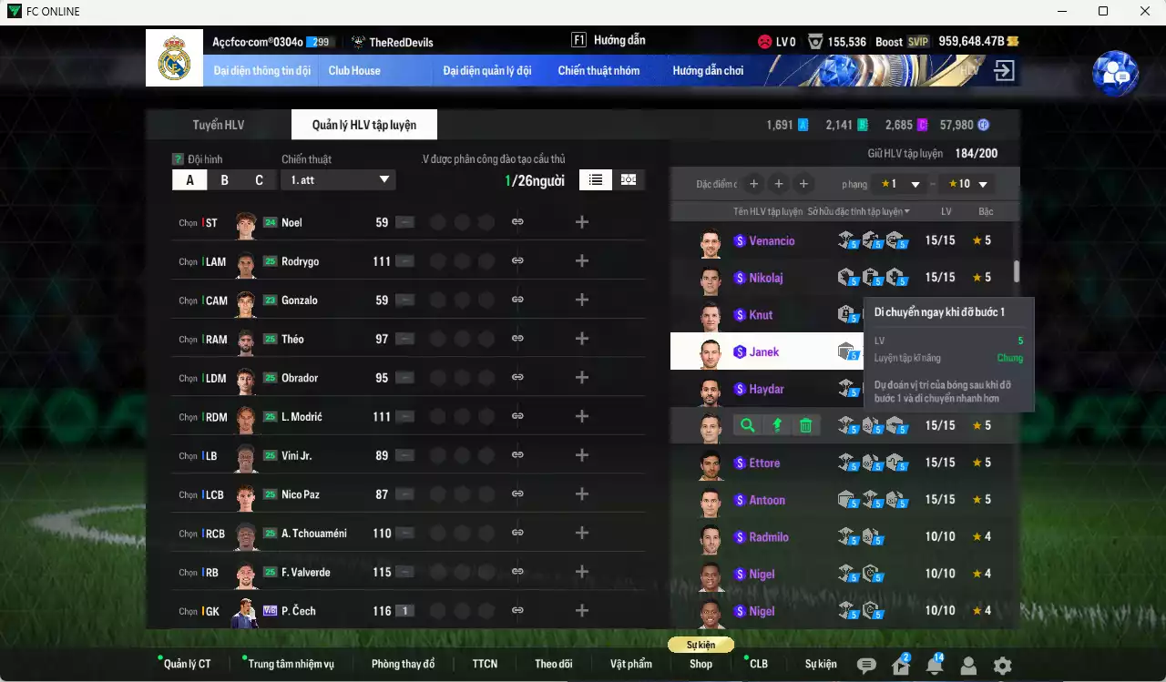 Ảnh ACC 959648b trắng, có thẻ đổi tên, full miniface, còn nhiều CP GIẢM THUẾ. HLV Xịn, gần full đào tạo chiến thuật