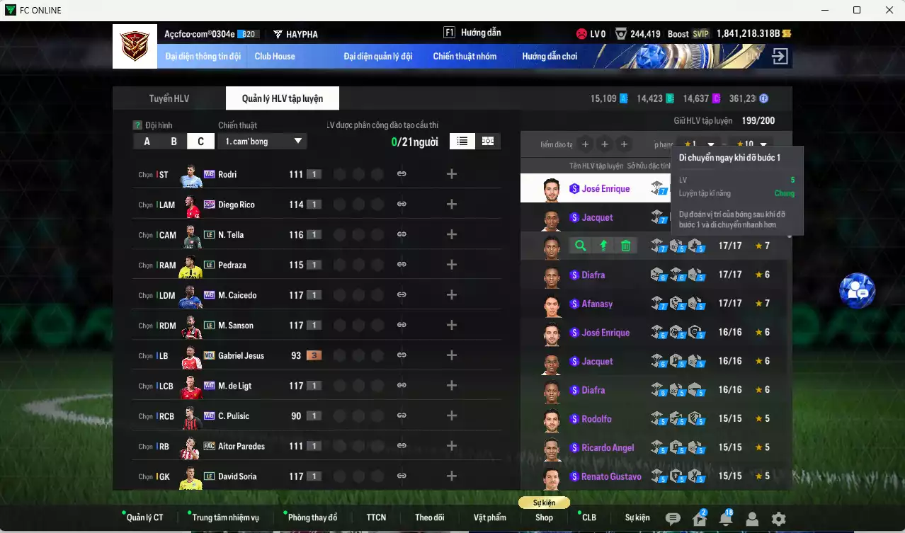 Ảnh ACC 1841218b trắng, có thẻ đổi tên, full miniface. HLV Siêu Xịn, đã full đào tạo chiến thuật, dư 140k TC