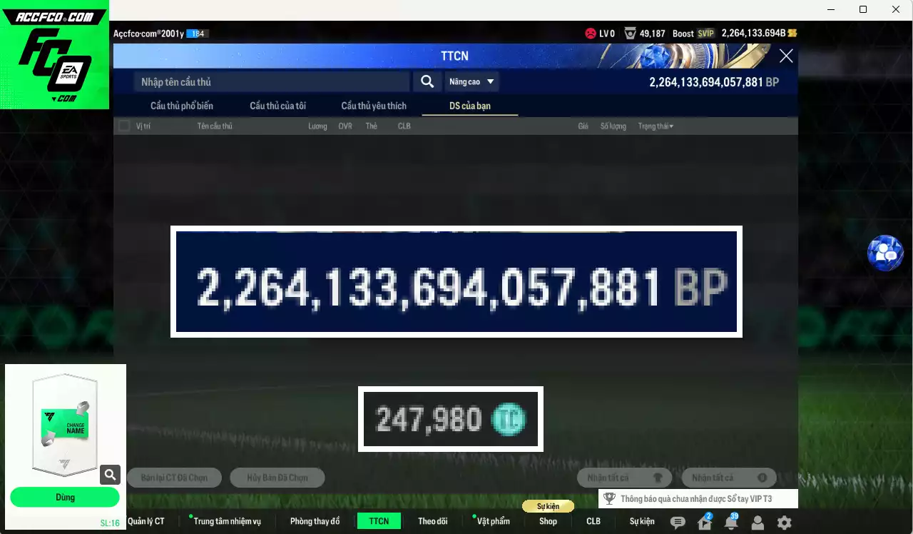 [Tặng Gadellaa live+13] ACC 2264133b trắng, có thẻ đổi tên, còn nhiều SVIP vs CP GIẢM THUẾ. HLV Xịn, dư 240k TC