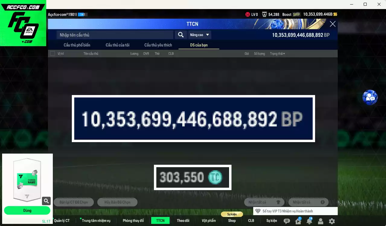 ACC 10.353.699b trắng, có thẻ đổi tên, còn CP GIẢM THUẾ. HLV Xịn, dư 300k TC