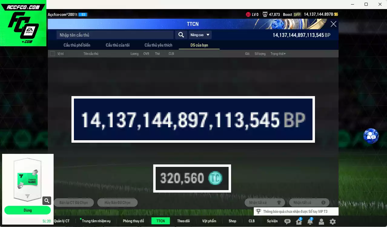 ACC 14.137.144b trắng, có thẻ đổi tên. HLV Xịn, dư 320k TC