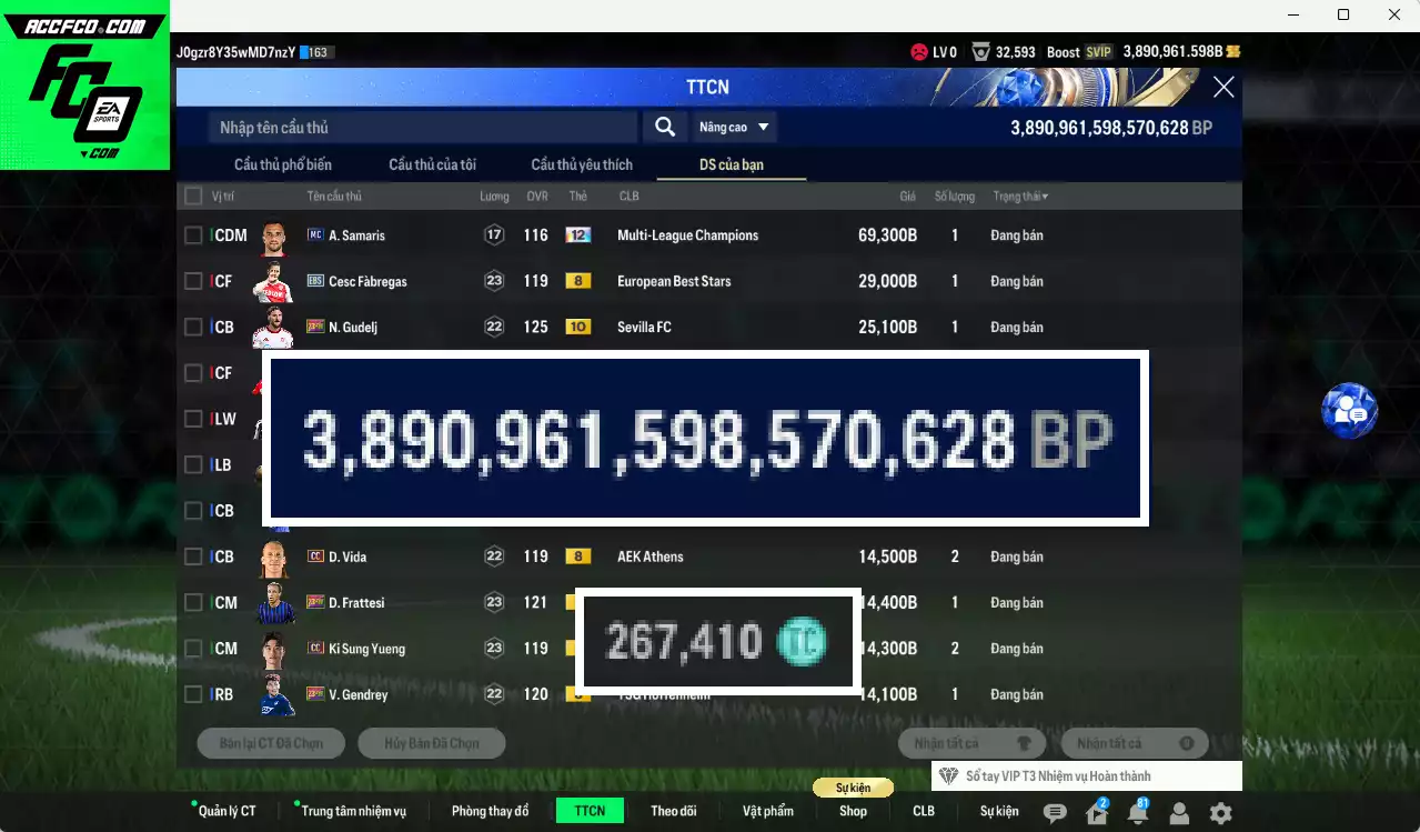 ACC 3890961b trắng. HLV Xịn, dư 260k TC