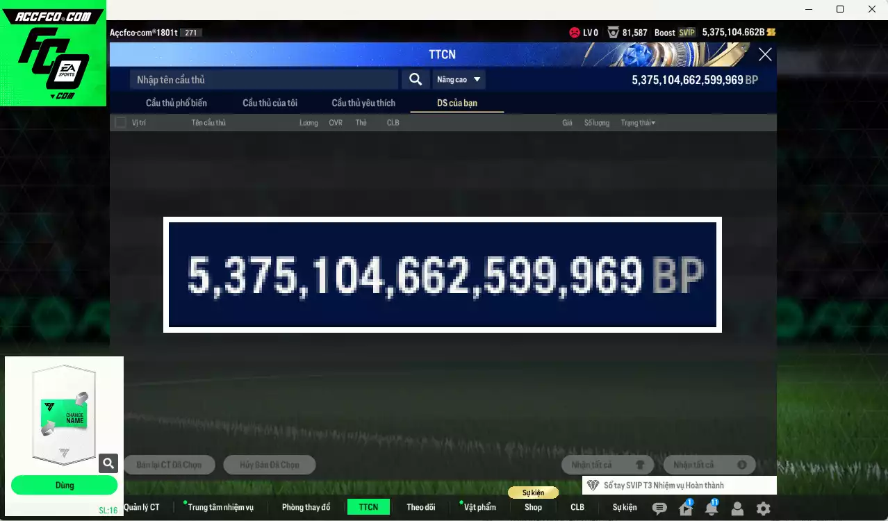 ACC 5375104b trắng, có thẻ đổi tên, full miniface, còn nhiều CP GIẢM THUẾ. HLV Xịn, dư 130k TC