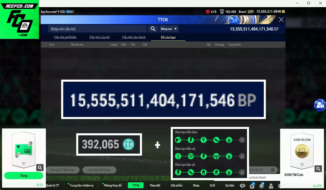 ACC 15.555.511b trắng, có thẻ đổi tên. HLV Xịn, gần full đào tạo chiến thuật, dư 390k TC