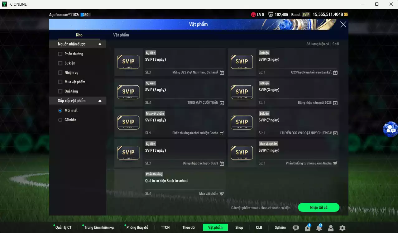 Ảnh ACC 15.555.511b trắng, có thẻ đổi tên. HLV Xịn, gần full đào tạo chiến thuật, dư 390k TC