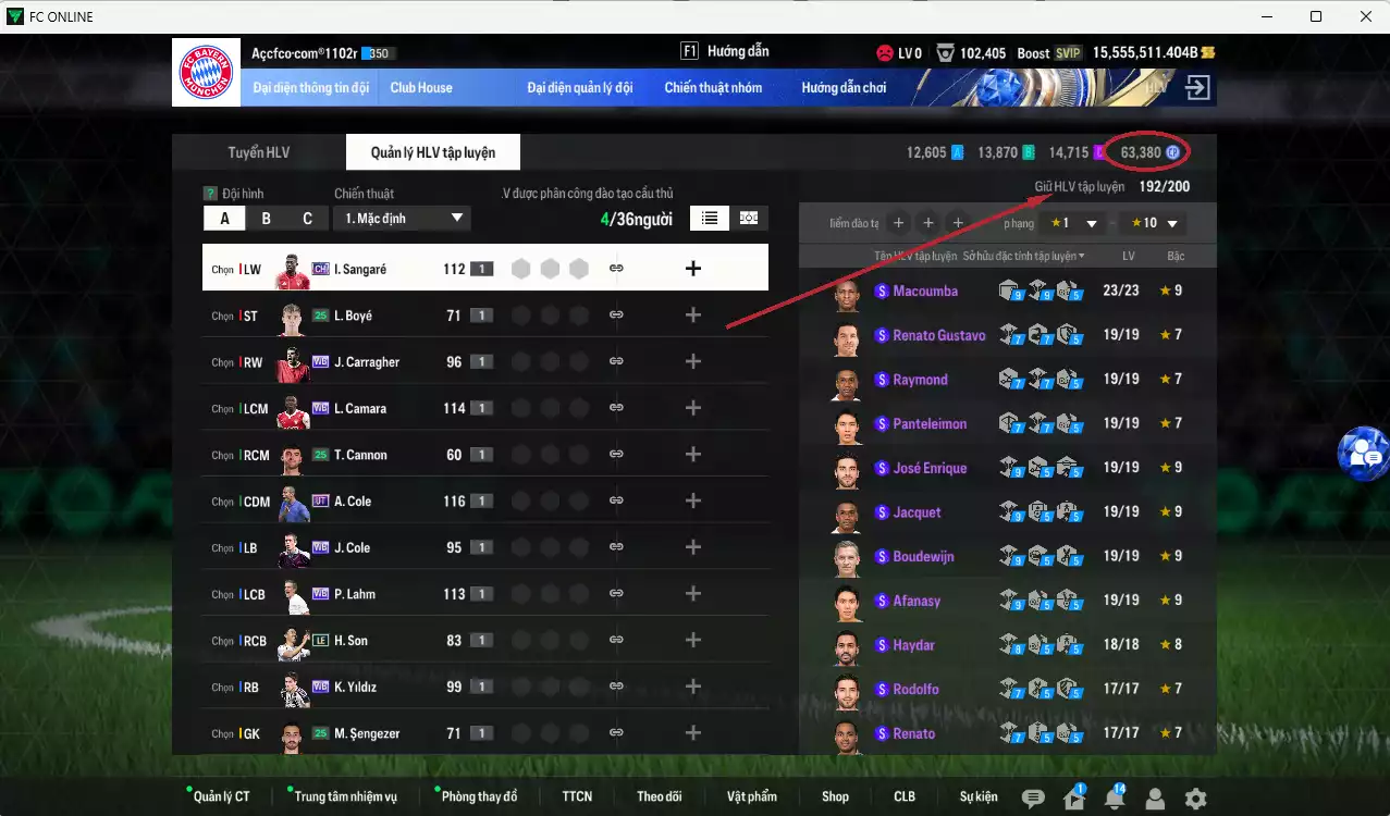 Ảnh ACC 15.555.511b trắng, có thẻ đổi tên. HLV Xịn, gần full đào tạo chiến thuật, dư 390k TC