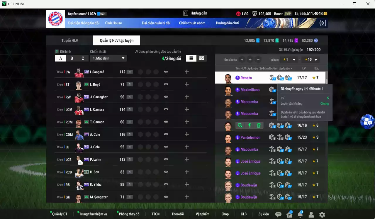 Ảnh ACC 15.555.511b trắng, có thẻ đổi tên. HLV Xịn, gần full đào tạo chiến thuật, dư 390k TC