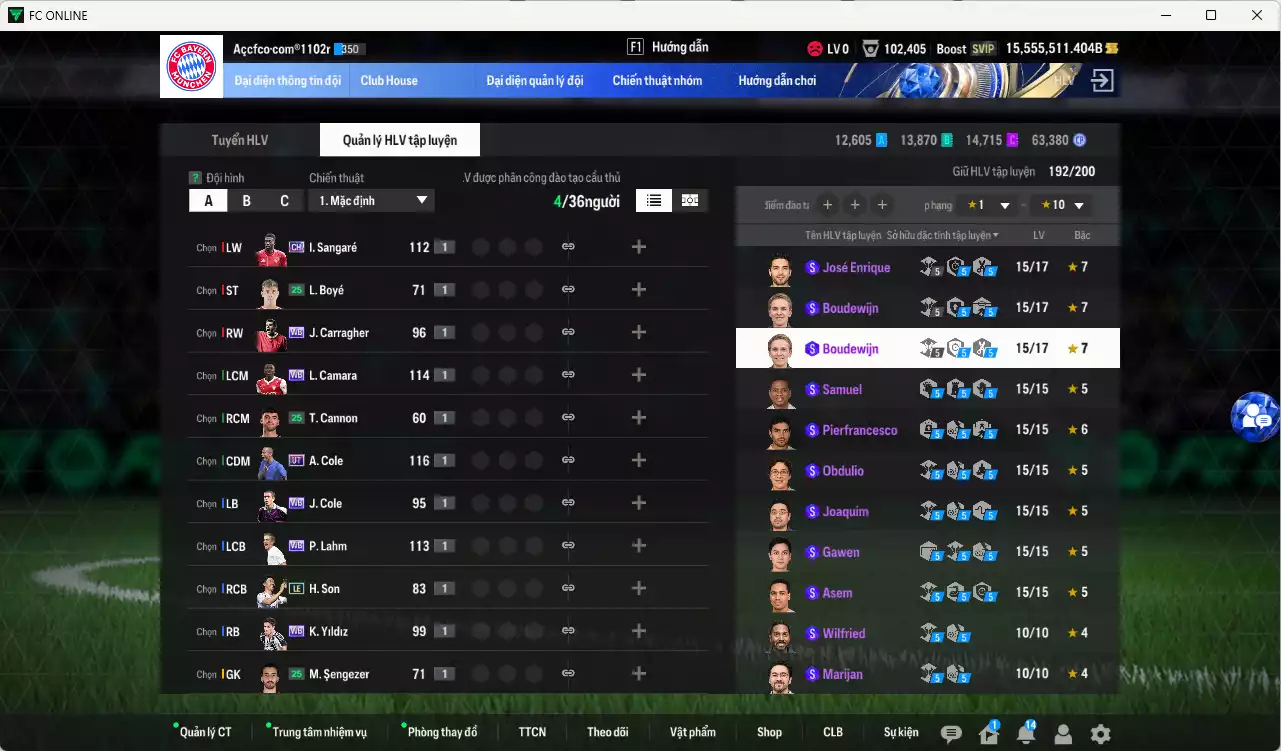 Ảnh ACC 15.555.511b trắng, có thẻ đổi tên. HLV Xịn, gần full đào tạo chiến thuật, dư 390k TC
