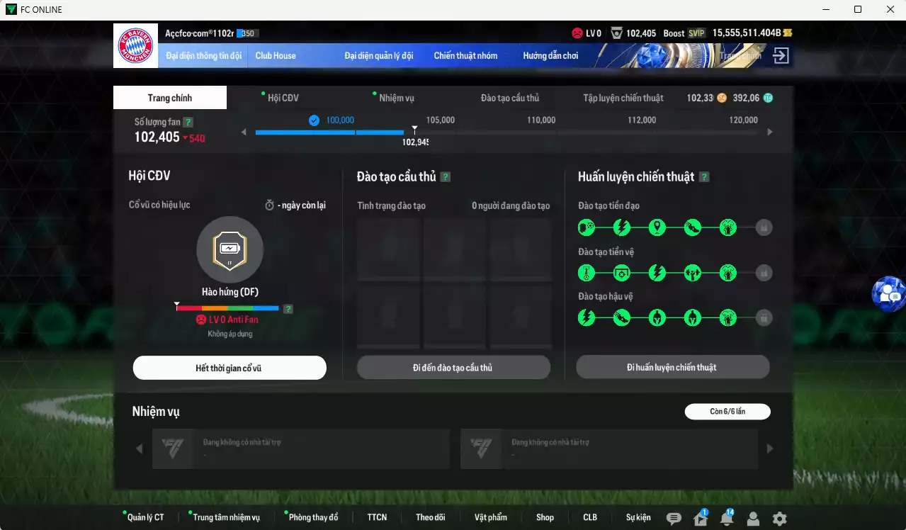 Ảnh ACC 15.555.511b trắng, có thẻ đổi tên. HLV Xịn, gần full đào tạo chiến thuật, dư 390k TC